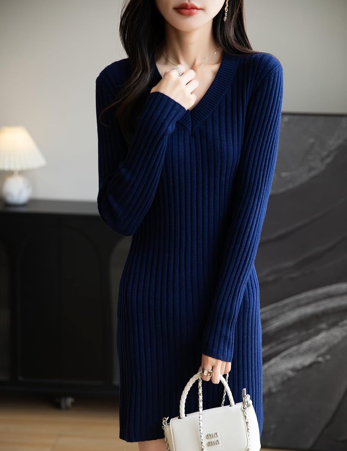 Women's Merino Wool Blend Sweater Dress Fashion 2025 Fall Winter Sexy V-Neck Slim Fit Long Sleeve Ribbed Knit Dress