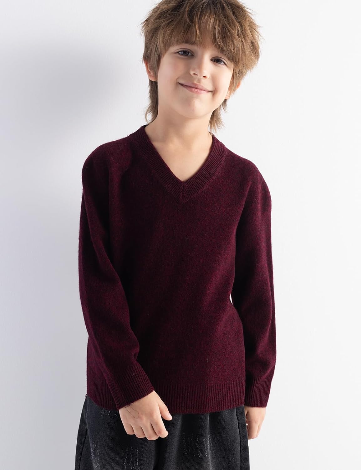 Boy's 100% Merino Wool Sweater 2025 Fall Winter First-Line Ready to Wear V Neck Long Sleeve Seamless Knit Sweater