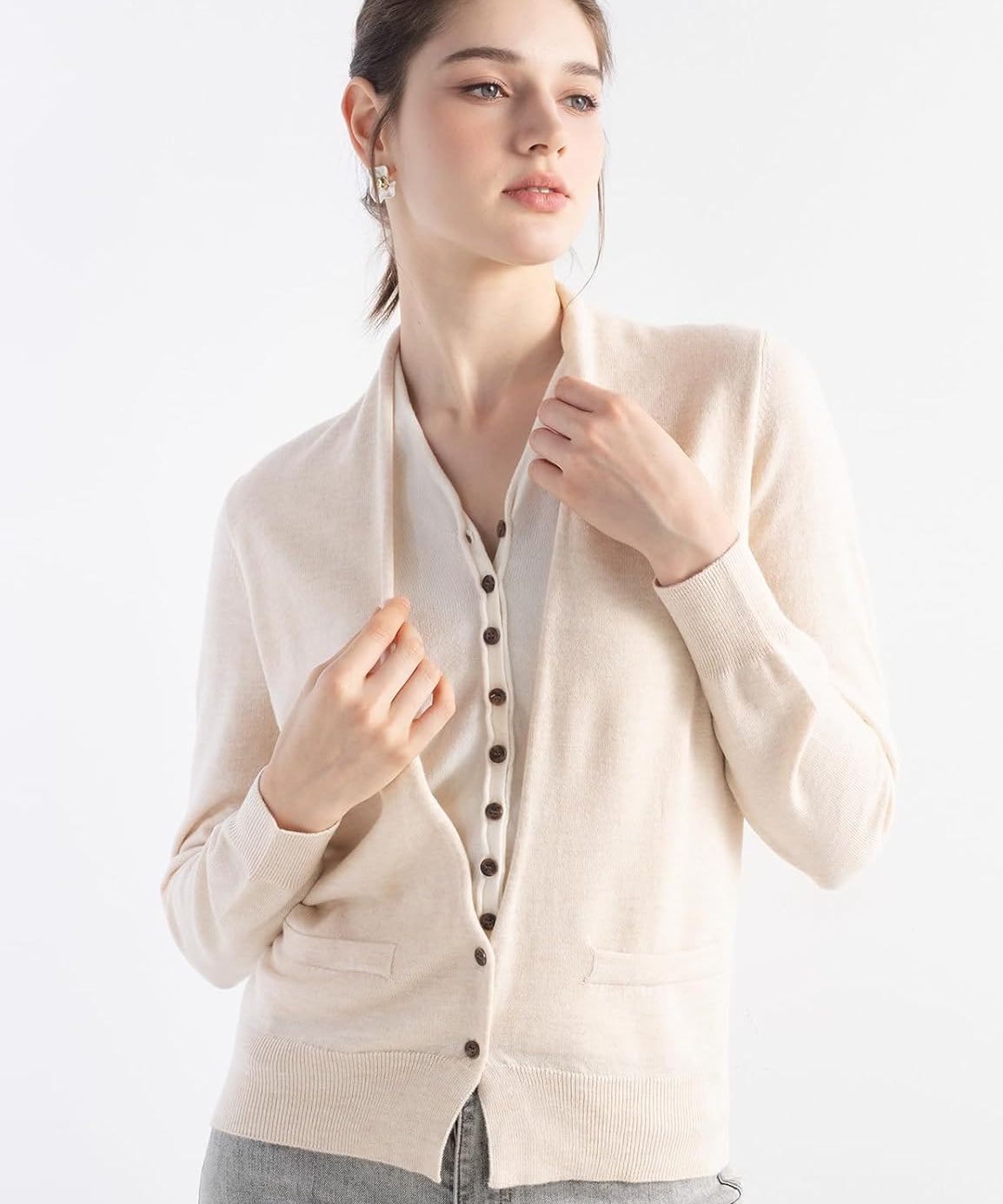 Merino Wool Fake Two-Piece V-Neck Color Block Knit Top