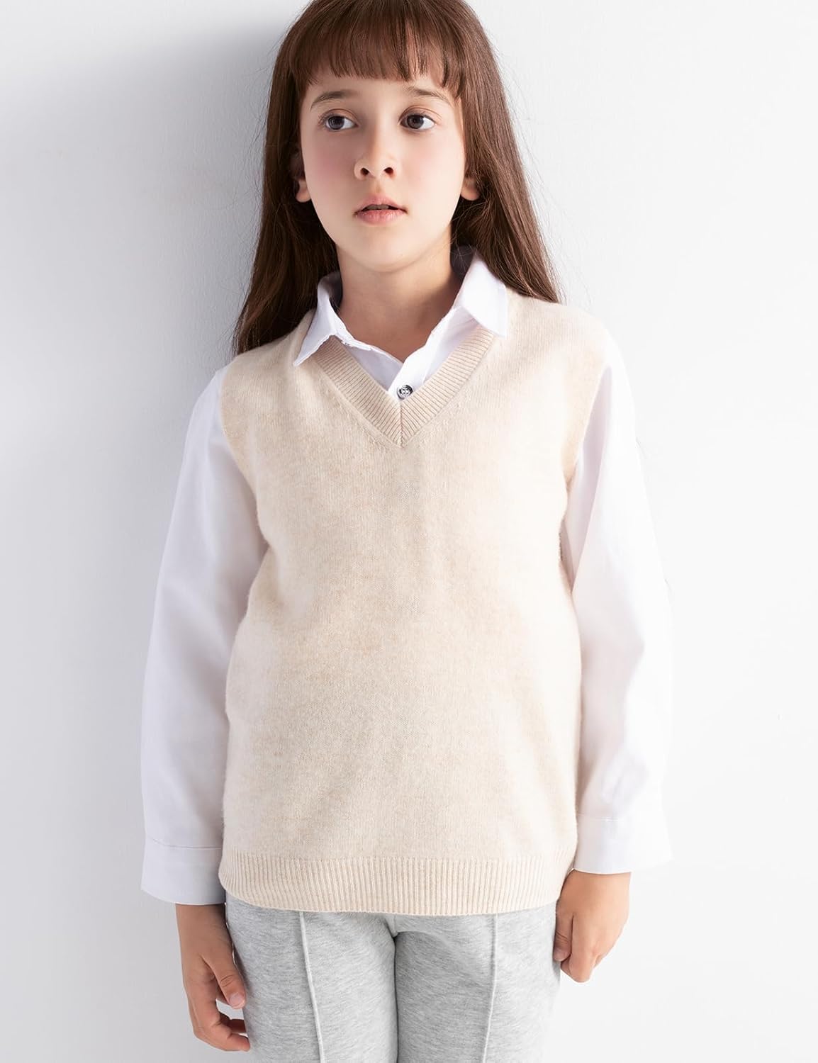 Girls 100% Merino Wool Sweater Vest V-Neck Sleevless 2025 Fall Winter Cable Tops Knitted Pullover Vest