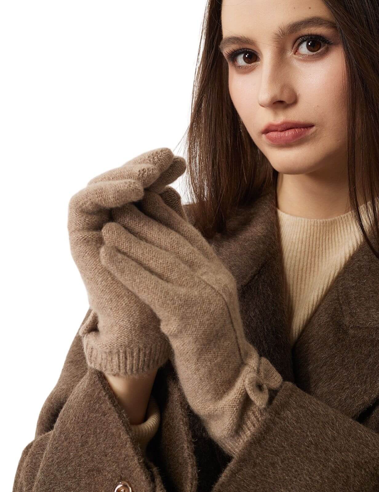 100% Pure Cashmere Gloves Winter Knit Bow Gloves