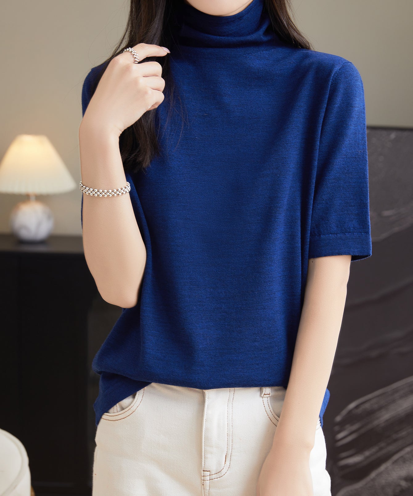 Chanyarn Women's 100% Merino Wool Base Layer Shirt Tops Turtleneck Short Sleeve Sweater