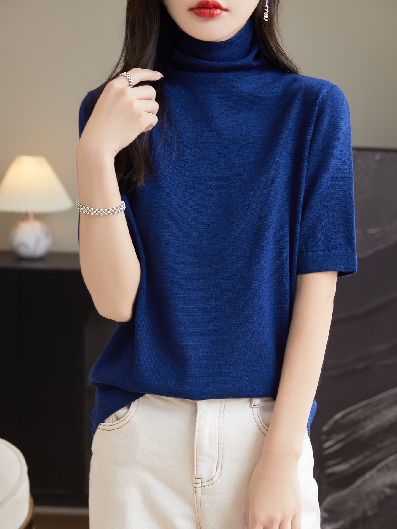 Pull t-shirt à col roulé 100 % laine mérinos