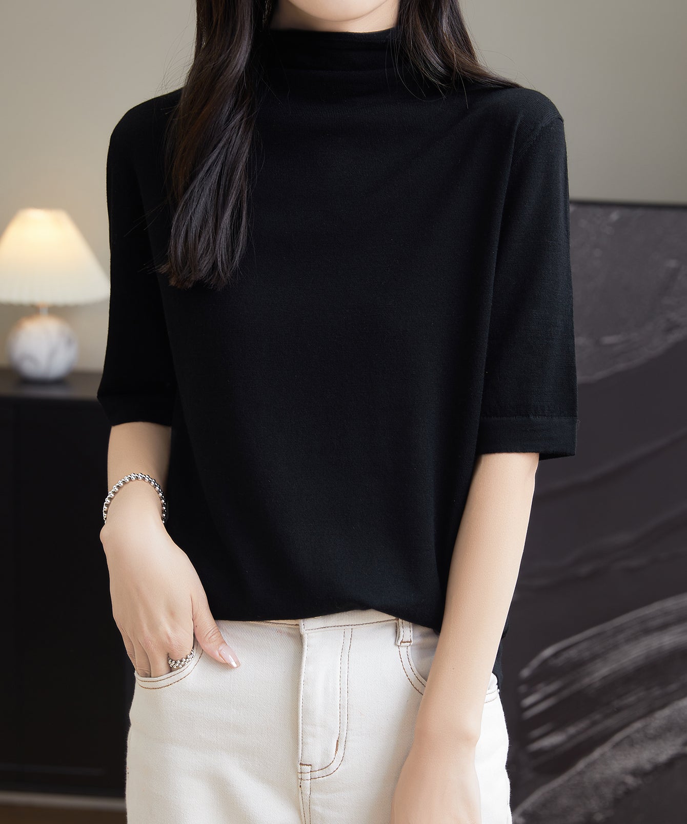 Chanyarn Women's 100% Merino Wool Base Layer Shirt Tops Turtleneck Short Sleeve Sweater