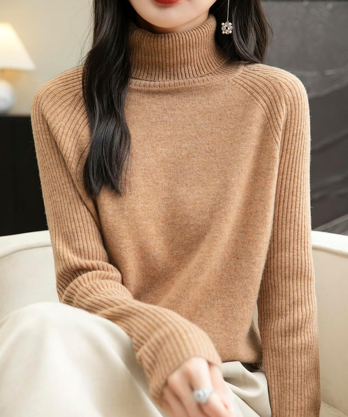 Women's 100% Merino Wool Raglan Turtleneck Sweater