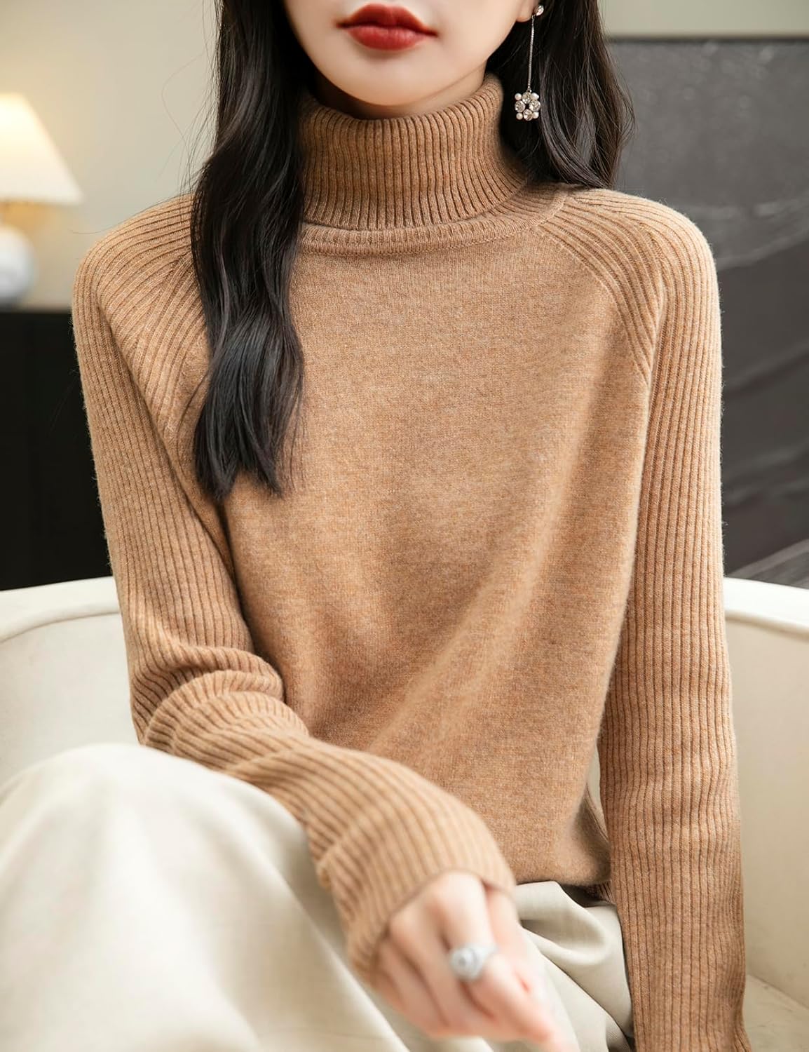 Chanyarn Women's Turtleneck 100% Merino Wool Sweater 2025 Fall Winter Classic Warm Soft Raglan Long Sleeve Knit Sweater