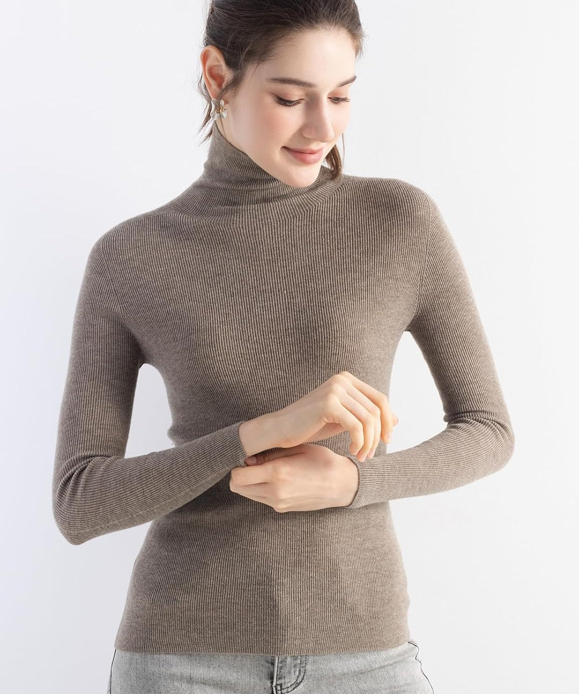 Merino Wool Blend Ribbed Turtleneck Slim Fit Sweater