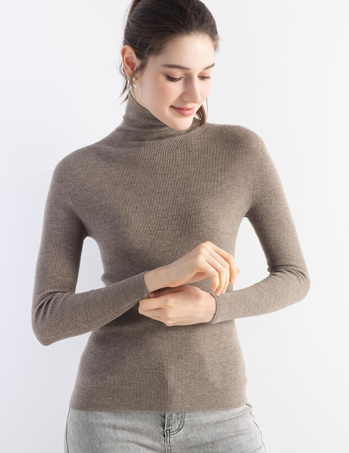Women's Merino Wool Sweater Fall Winter Turtleneck Rib Long Sleeve First-Line Ready to Wear Seamless Knit Sweater