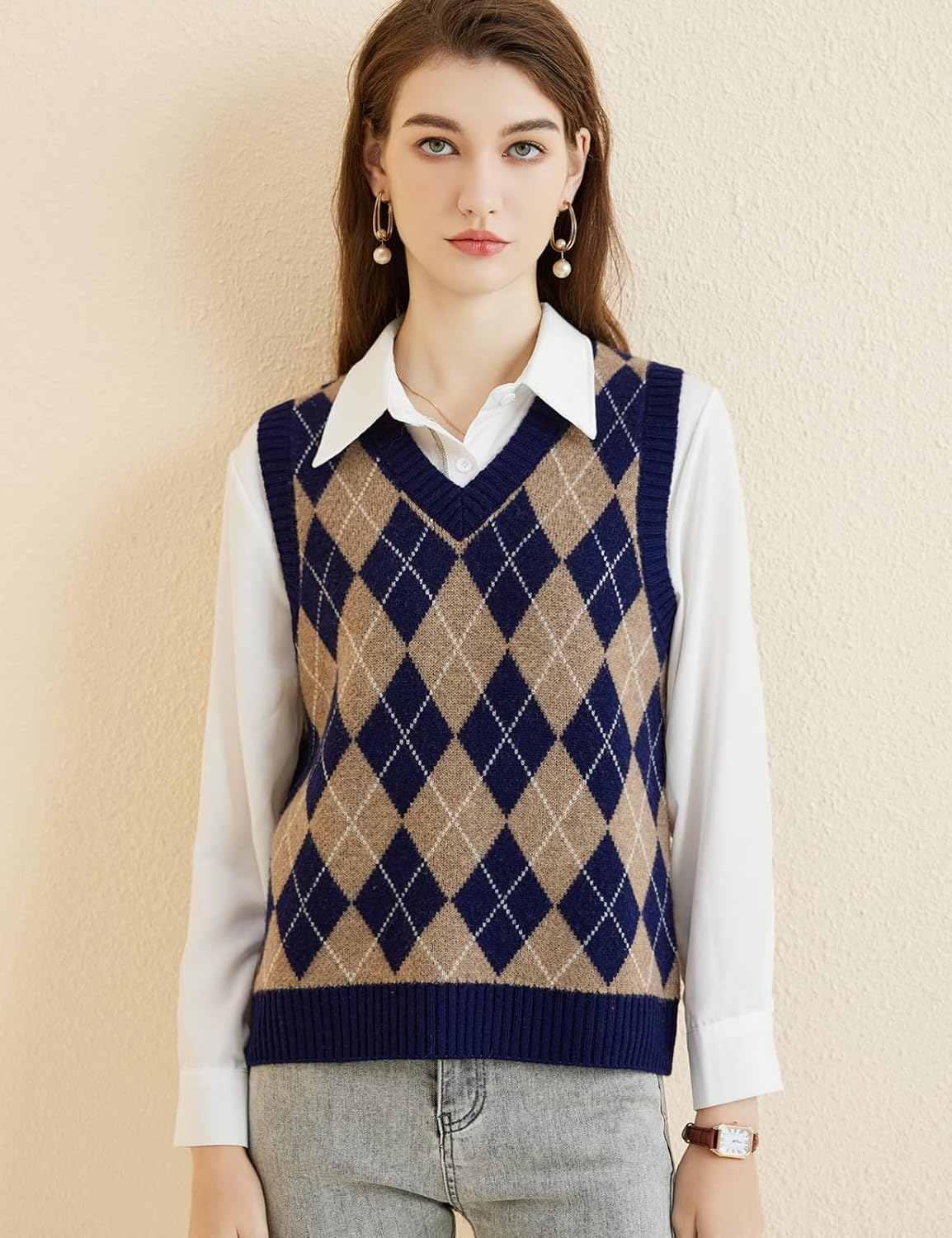 Women's 100% Merino Wool Sweater Vest 2025 Fall Winter Diamond Lattice V Neck Sleeveless Knit Sweater Vest