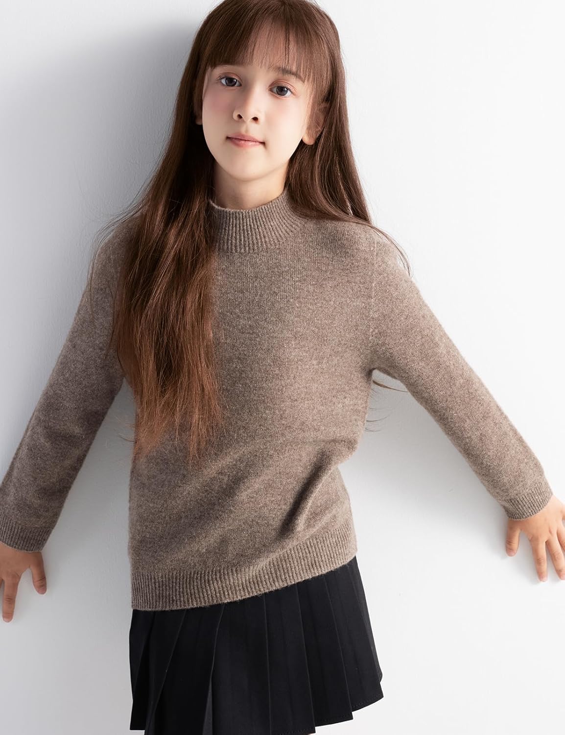 Girls 100% Merino Wool Sweater Fall Winter First-Line Ready to Wear Mock Neck Long Sleeve Seamless Pullover