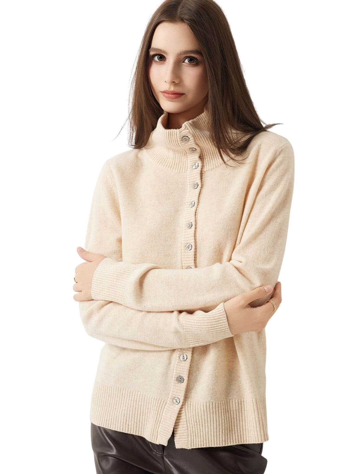 100% Merino Wool Turtleneck Knitted Cardigan