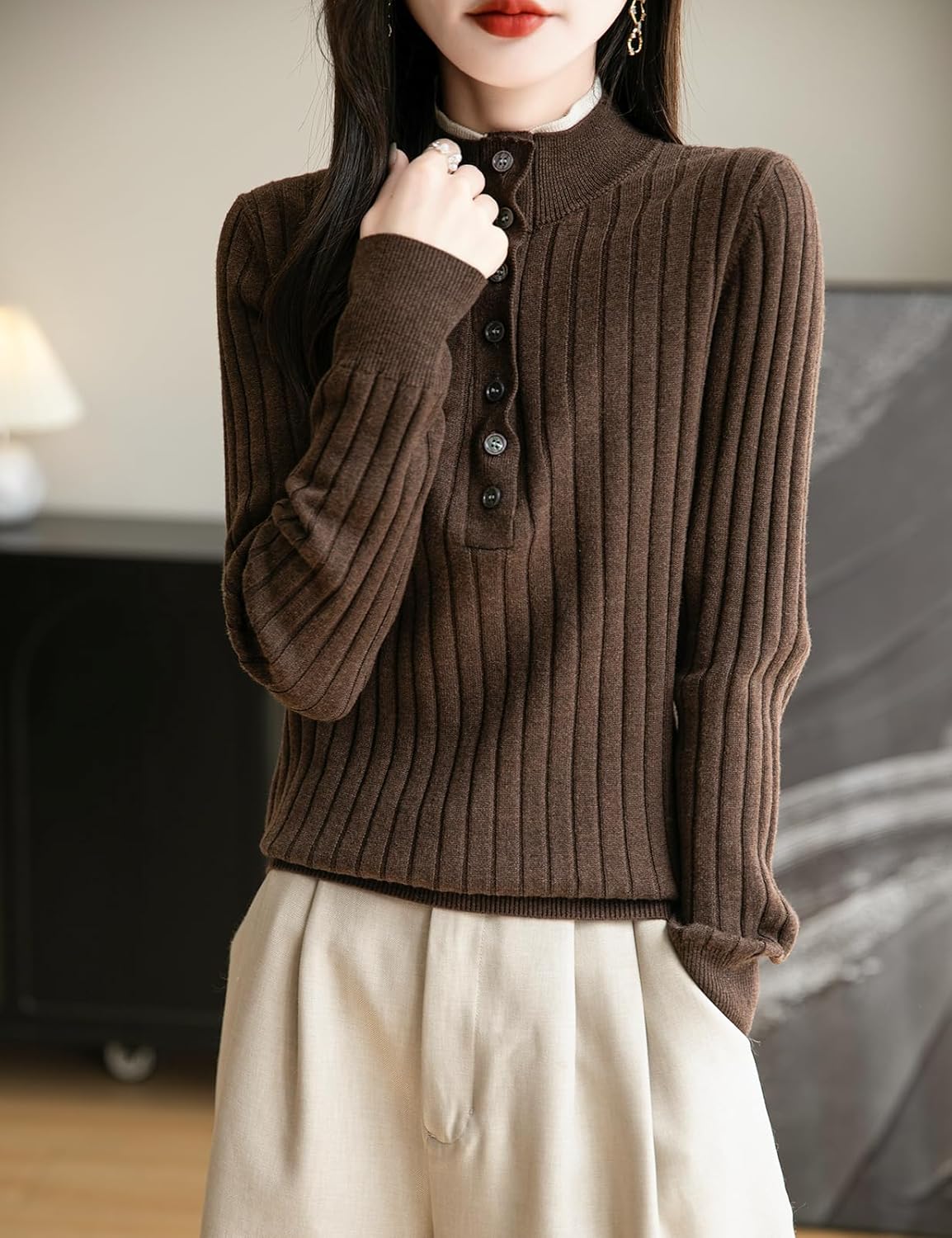 Pullage en laine mérinos pour femmes automne d'hiver faux trottoir en deux pièces Collier de support de support à manches longues tricot