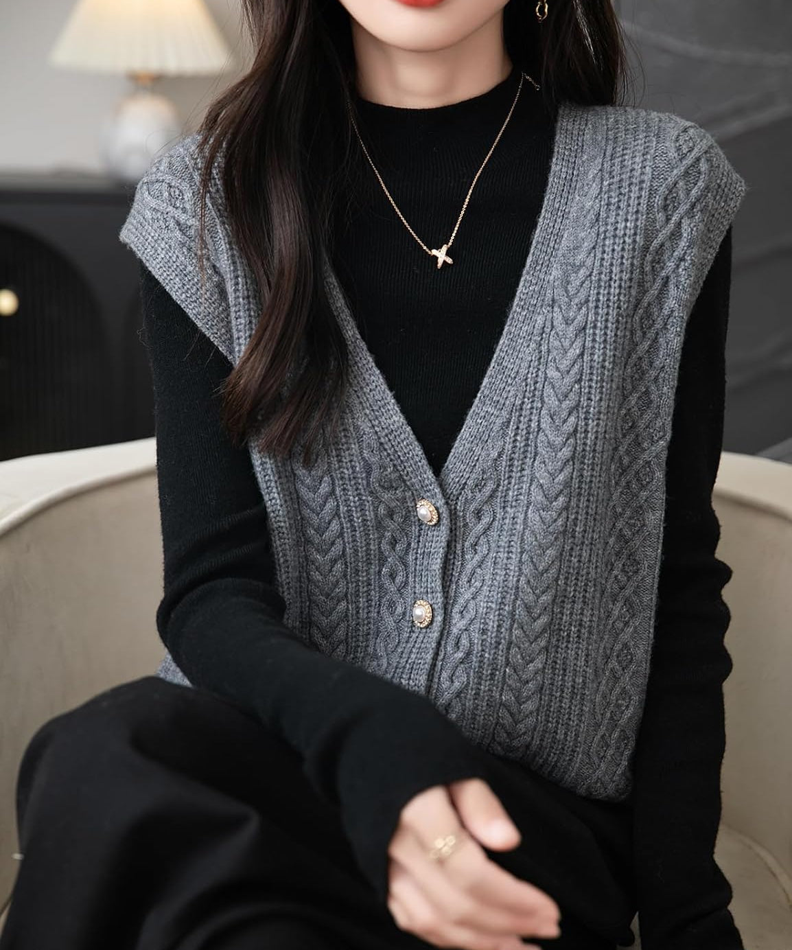 100% Merino Wool V-Neck Button Cable Knit Sweater Vest