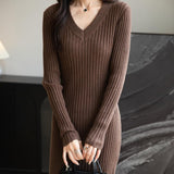 Women's Merino Wool Blend Sweater Dress Fashion 2025 Fall Winter Sexy V-Neck Slim Fit Long Sleeve Ribbed Knit Dress
