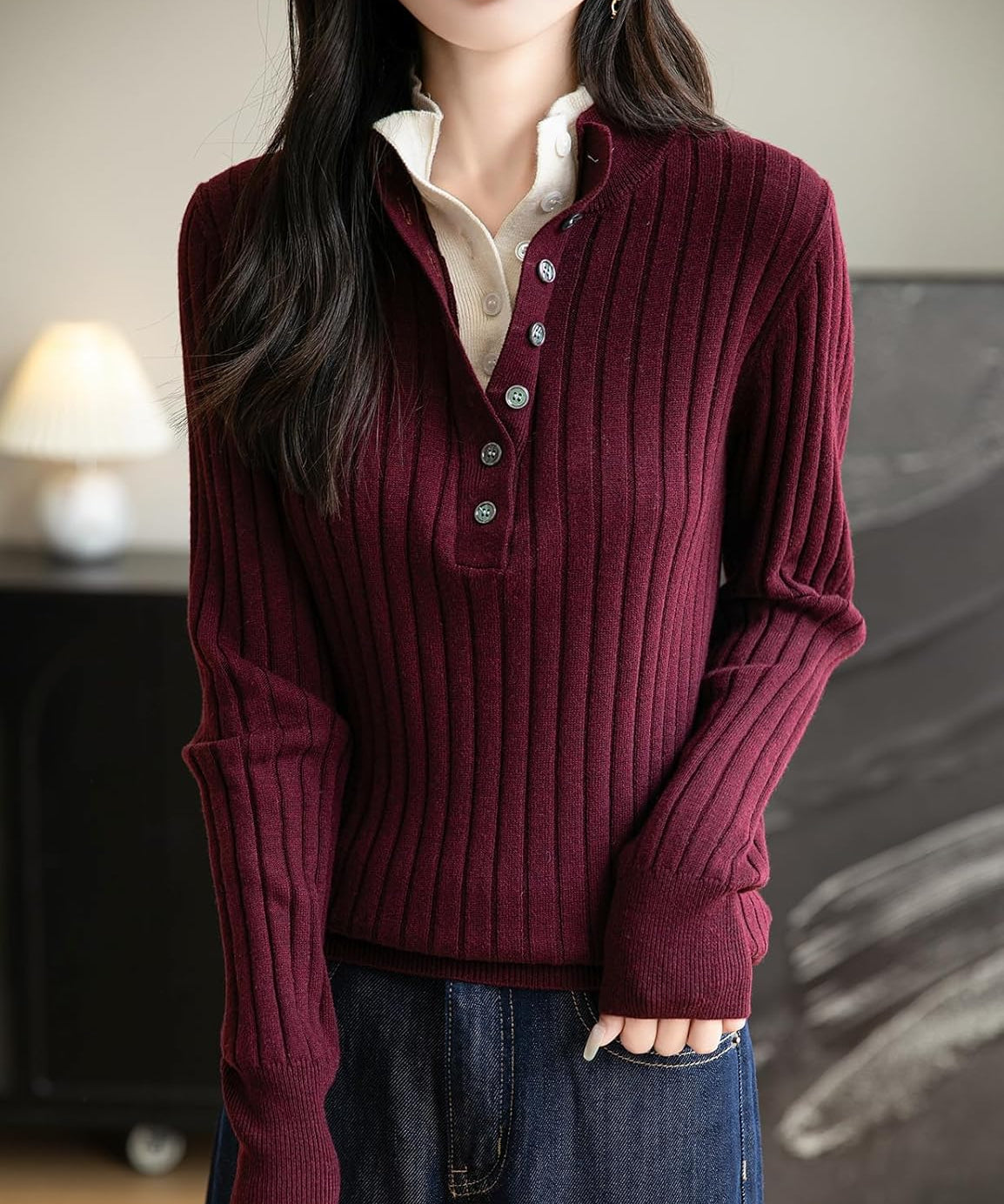 Merino Wool Blend Color Block Stand Collar Sweater