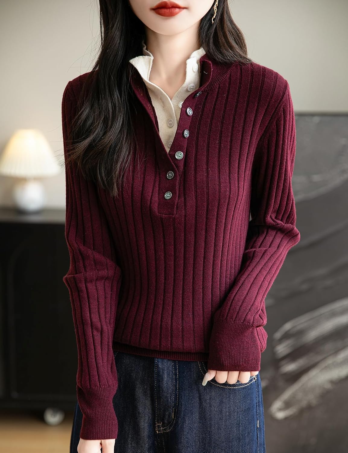 Pullage en laine mérinos pour femmes automne d'hiver faux trottoir en deux pièces Collier de support de support à manches longues tricot