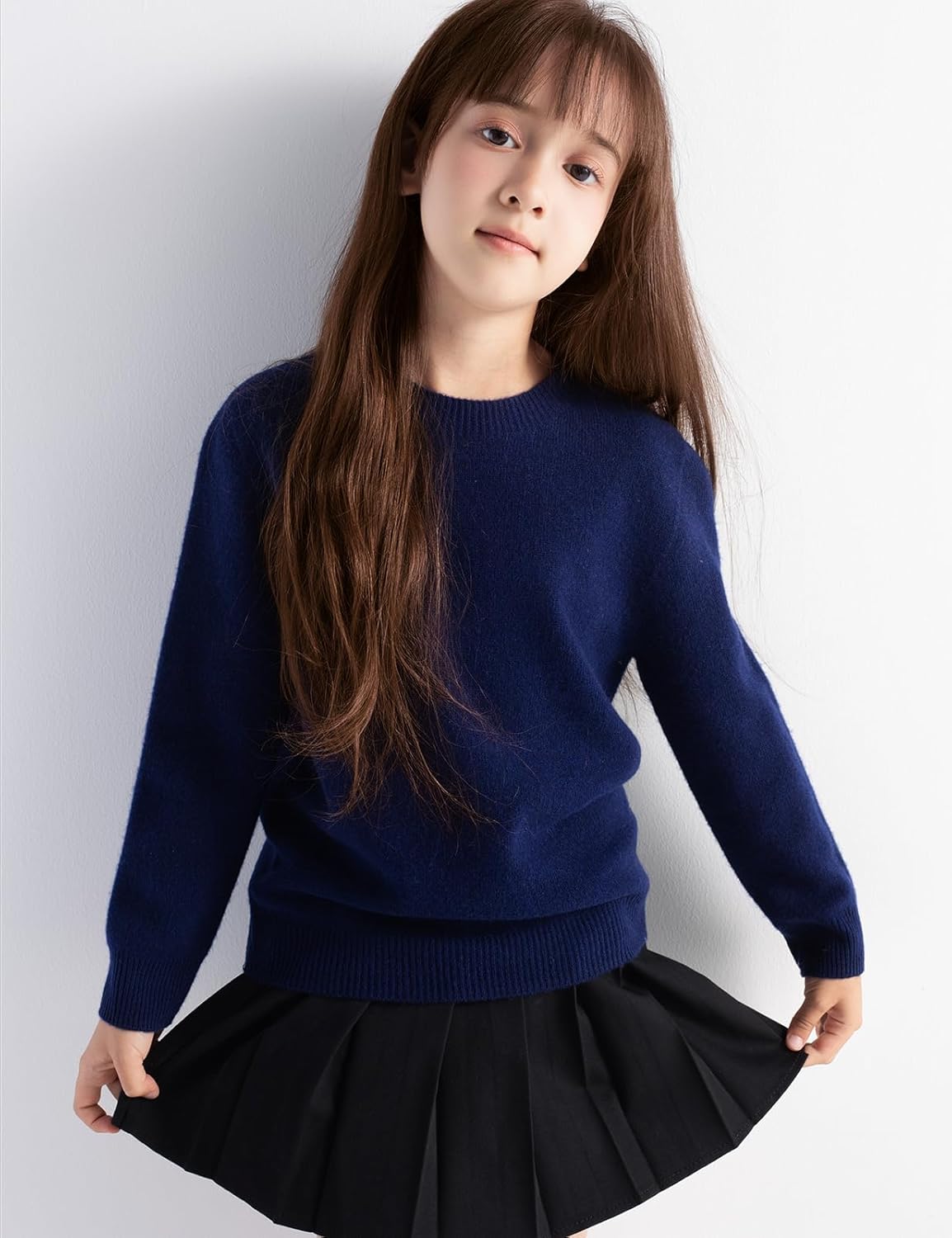Girls 100% Merino Wool Sweater Fall Winter First-Line Ready to Wear Crewneck Long Sleeve Seamless Knit Sweater