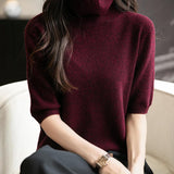 Women's Turtleneck 100% Merino Wool Spring Fall Winter First-Line Ready to Wear Seamless Knit Short Sleeve Sweater