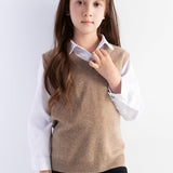 Girls 100% Merino Wool Sweater Vest V-Neck Sleevless 2025 Fall Winter Cable Tops Knitted Pullover Vest