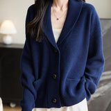Women's Merino Wool Sweater V-Neck Ribbed 2025 Fall Winter Lapel Button Down Long Sleeve Knit Cardigan with Pocket