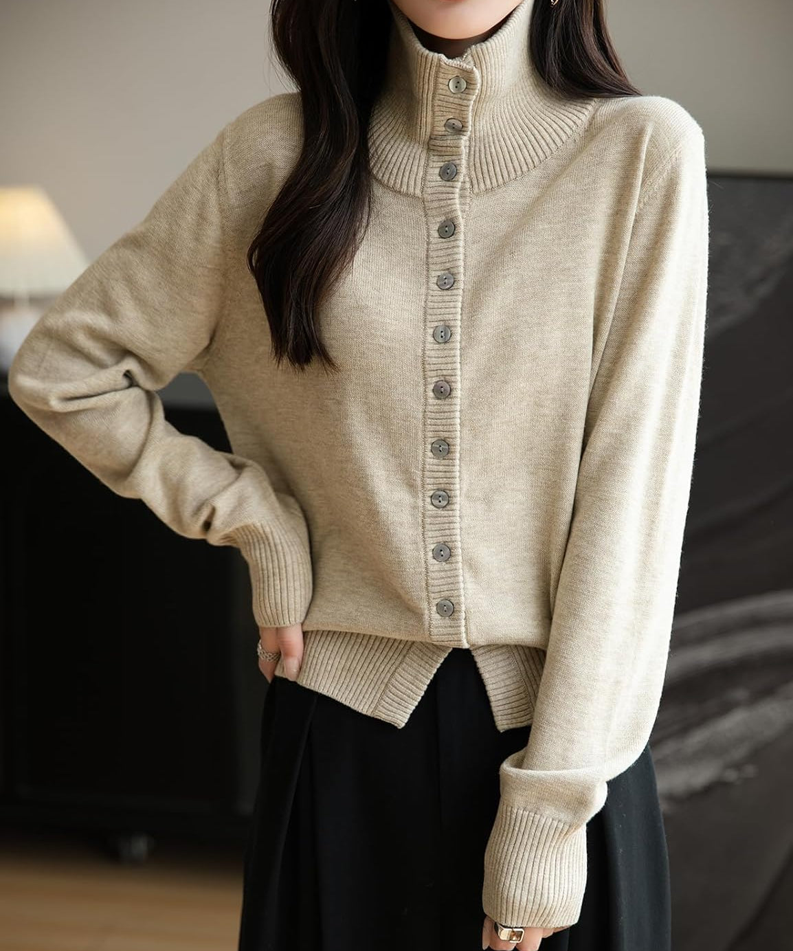 Merino Wool Blend Mock Neck Buttoned Knit Cardigan