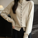 Women's Merino Wool Blend Cardigan 2025 Fall Winter Casual Mock Neck Long Sleeve Knit Cardigan with Buttons
