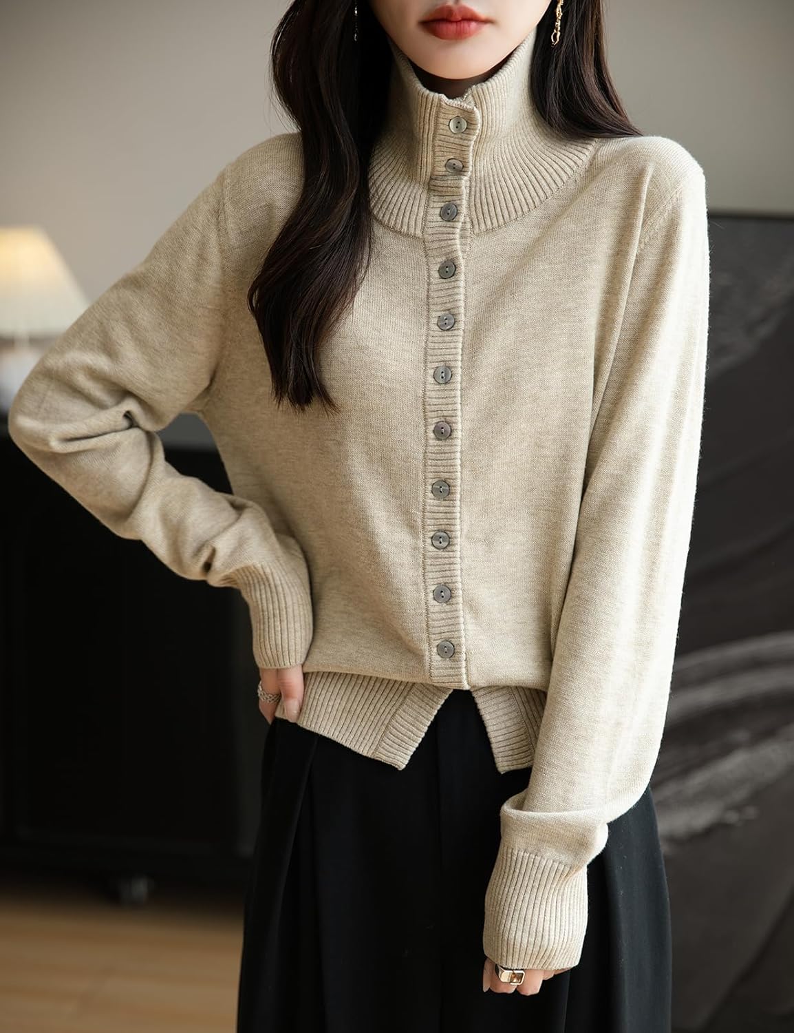 Women's Merino Wool Blend Cardigan 2025 Fall Winter Casual Mock Neck Long Sleeve Knit Cardigan with Buttons
