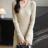 Women's Merino Wool Blend Sweater Dress Fashion 2025 Fall Winter Sexy V-Neck Slim Fit Long Sleeve Ribbed Knit Dress