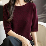 Women's 100% Merino Wool Spring Fall Winter First-Line Ready to Wear Seamless Knit Crewneck Short Sleeve Sweater