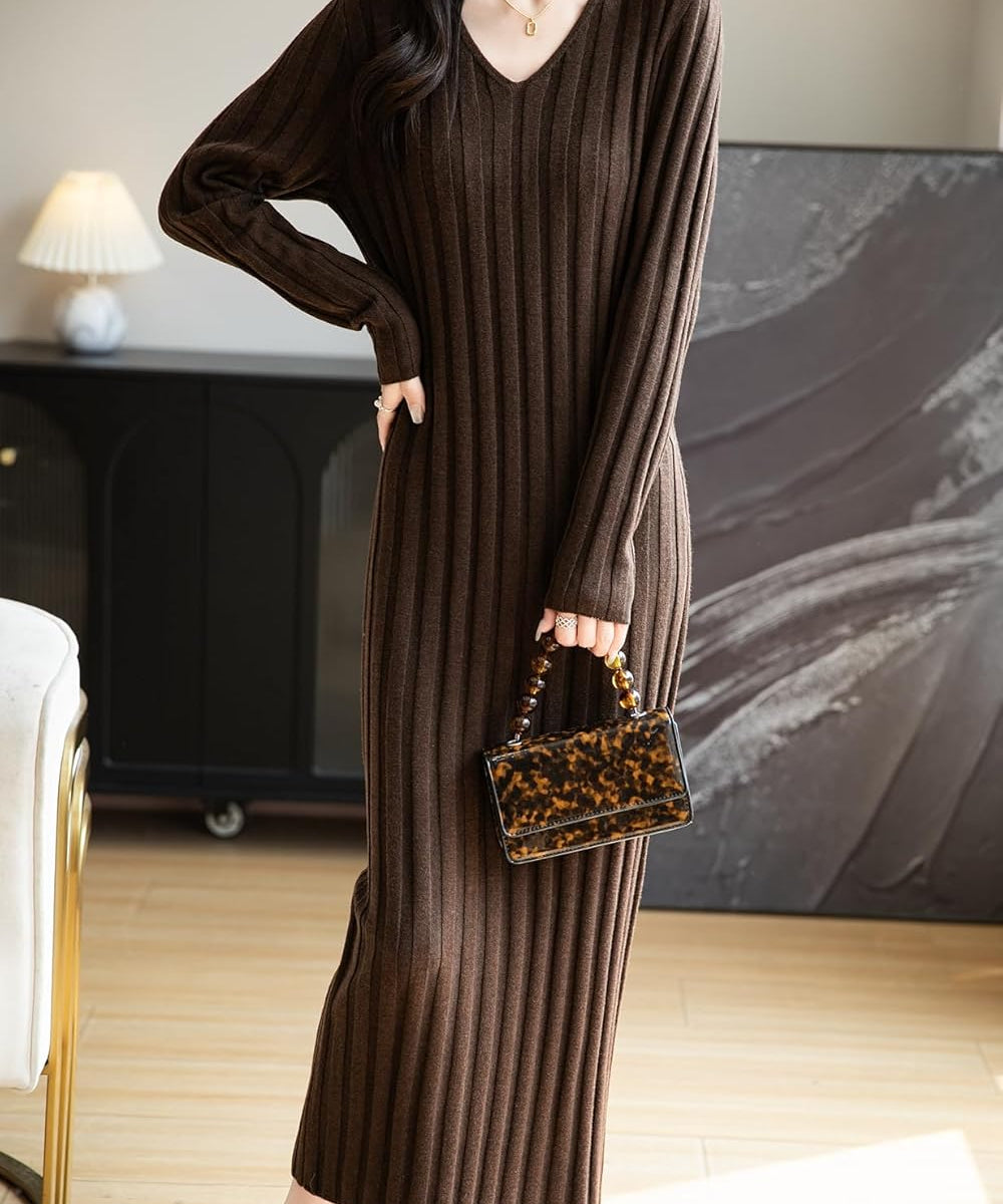 Merino Wool Blend V-Neck Ribbed Bodycon Knit Dress
