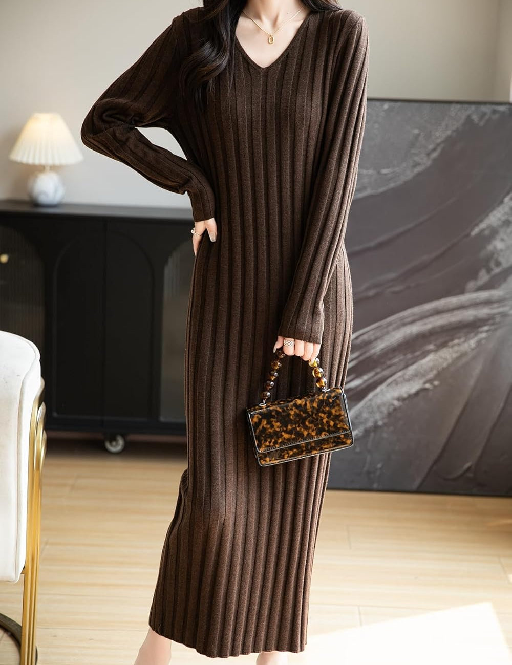 Merinoullblandning med V-ringad Ribbad Bodycon Stickad Klänning