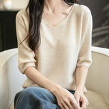 Women's V-Neck 100% Merino Wool Spring Fall Winter First-Line Ready to Wear Seamless Knit Shirt Short Sleeve Sweater