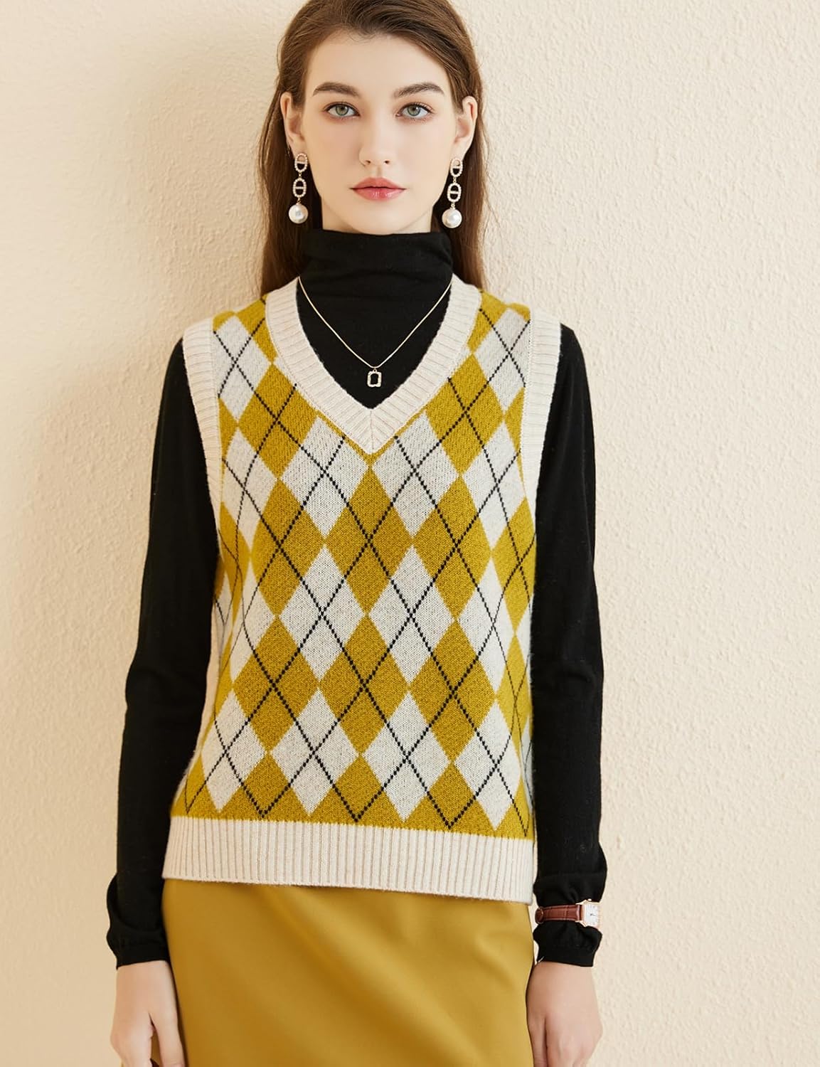 Women's 100% Merino Wool Sweater Vest 2025 Fall Winter Diamond Lattice V Neck Sleeveless Knit Sweater Vest