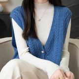 Women's 100% Merino Wool Sweater Vest 2025 Fall Winter V Neck Button Down Sleeveless Cable Knit Sweater Vest