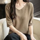 Women's V-Neck 100% Merino Wool Spring Fall Winter First-Line Ready to Wear Seamless Knit Shirt Short Sleeve Sweater