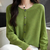 Women's Merino Wool Cardigan Crew Neck Fall Winter Long Sleeve First-Line Ready to Wear Seamless Knit Cardigan