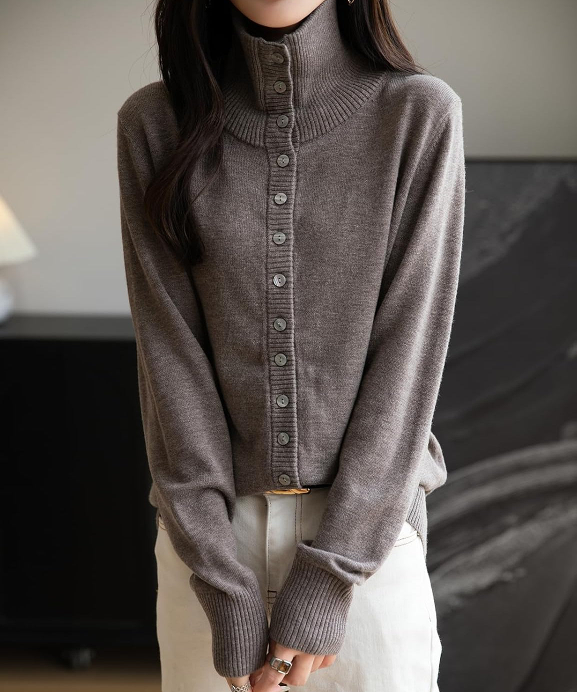 Merino Wool Blend Mock Neck Buttoned Knit Cardigan