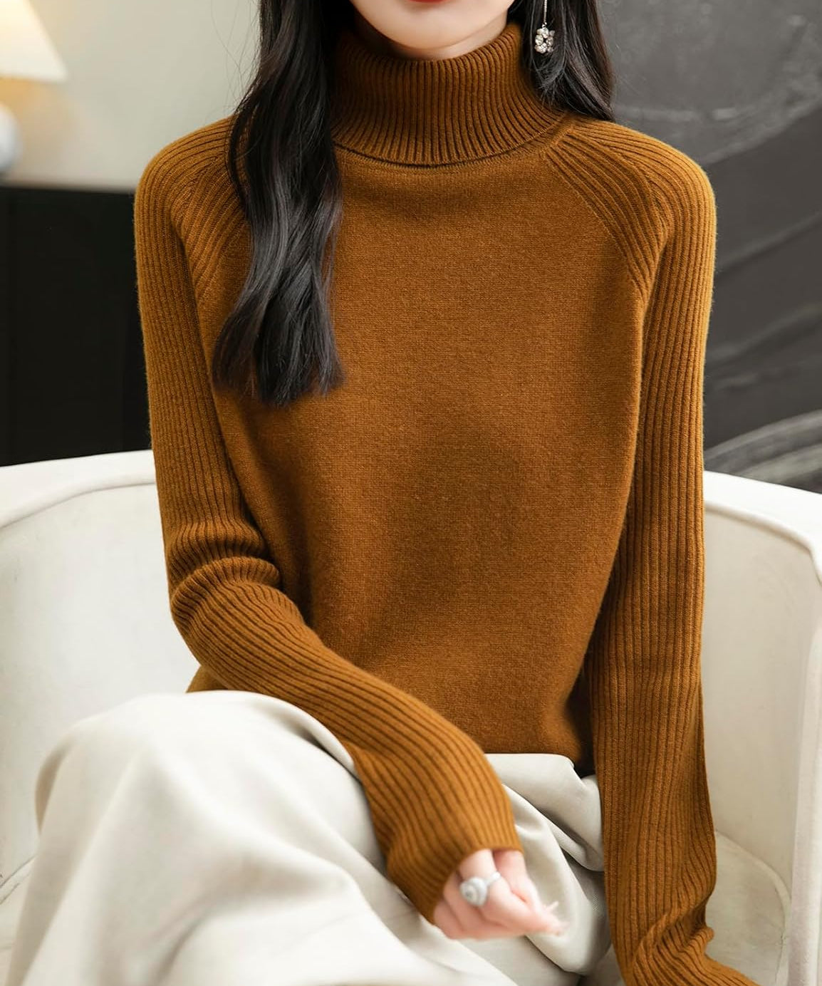 Women's 100% Merino Wool Raglan Turtleneck Sweater