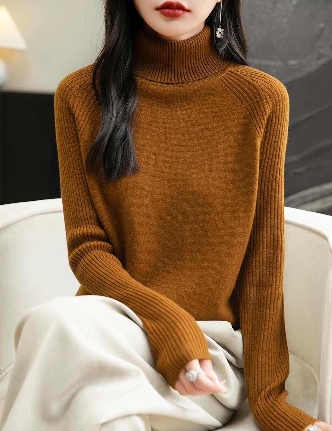 100% Merino Wool Raglan Turtleneck Sweater
