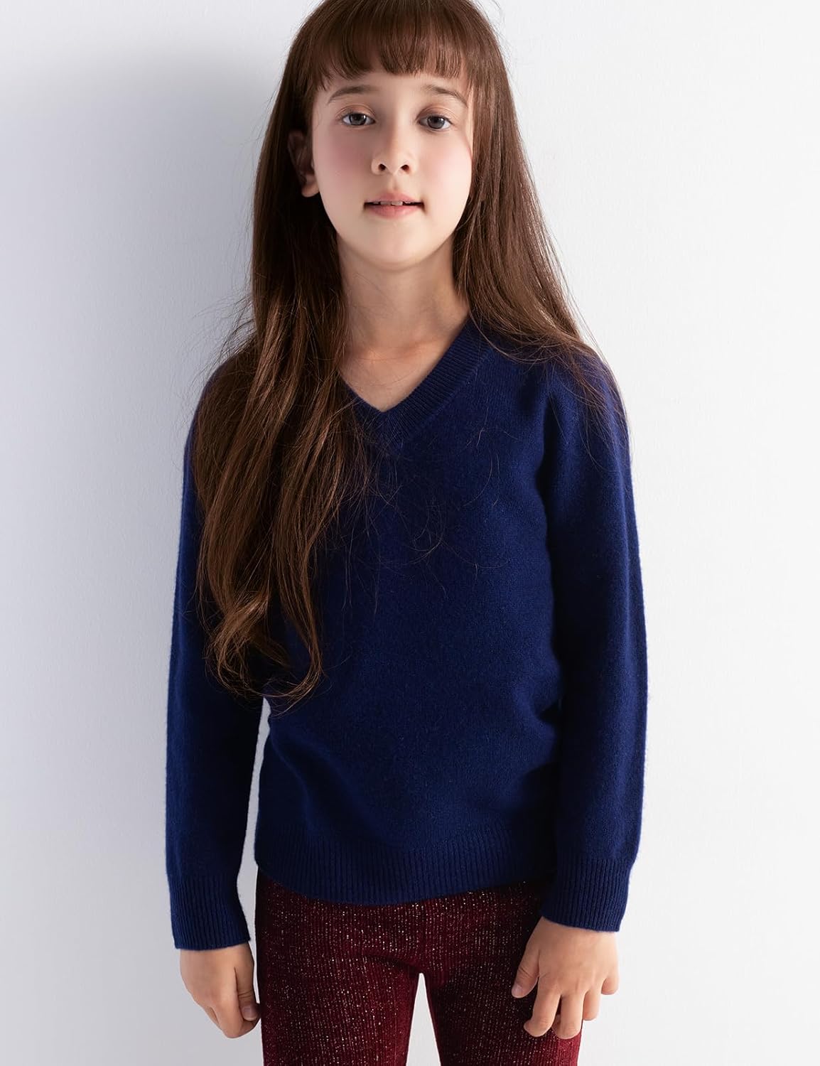 Girls 100% Merino Wool Sweater Fall Winter First-Line Ready to Wear V-Neck Long Sleeve Seamless Knit Pullover