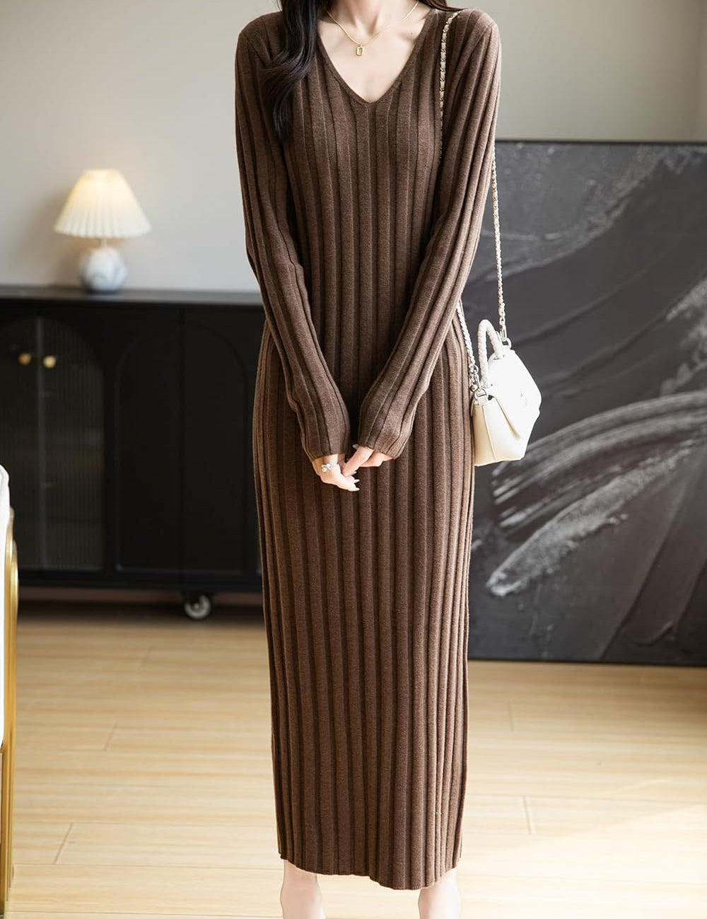Merinoullblandning med V-ringad Ribbad Bodycon Stickad Klänning
