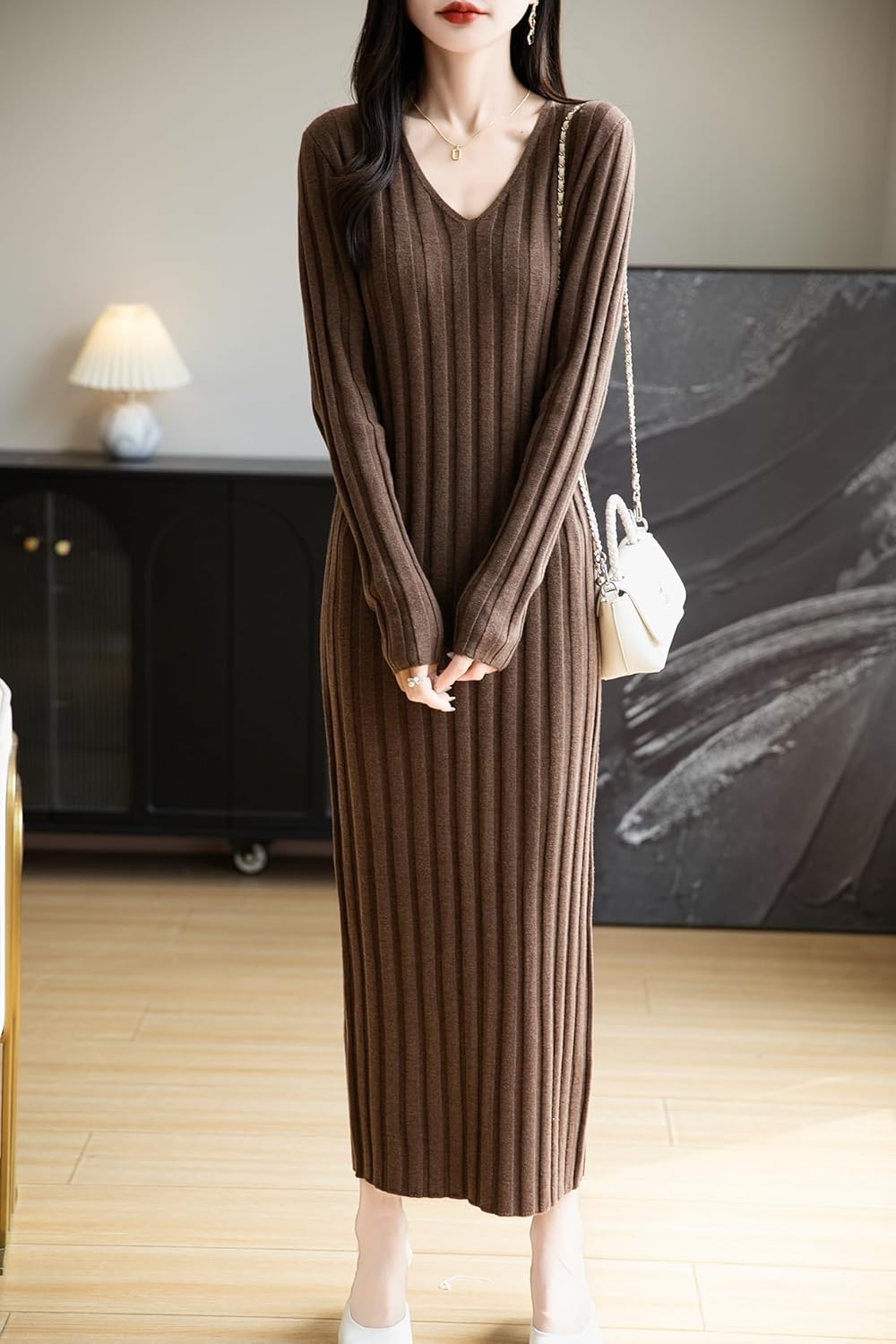 Women's Merino Wool Blend Sweater Dress 2025 Fall Winter V-Neck Long Sleeve Ribbed Cocktail Bodycon Knit Maxi Dress