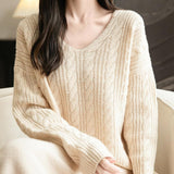 Chanyarn Women's V Neck 100% Merino Wool Oversized Sweater 2025 Fall Winter Vintage Cable Long Sleeve Knit Sweater