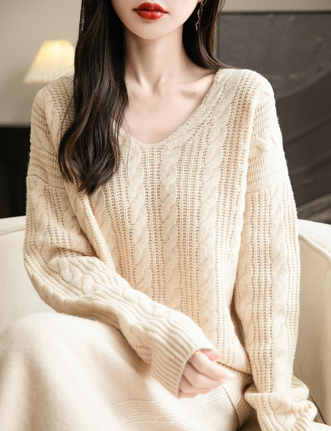 Chanyarn Women's V Neck 100% Merino Wool Oversized Sweater 2025 Fall Winter Vintage Cable Long Sleeve Knit Sweater