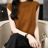 Women's 100% Merino Wool Spring Fall Winter First-Line Ready to Wear Mock Neck Seamless Knit Sleeveless Sweater Vest