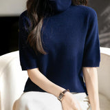 Women's Turtleneck 100% Merino Wool Spring Fall Winter First-Line Ready to Wear Seamless Knit Short Sleeve Sweater