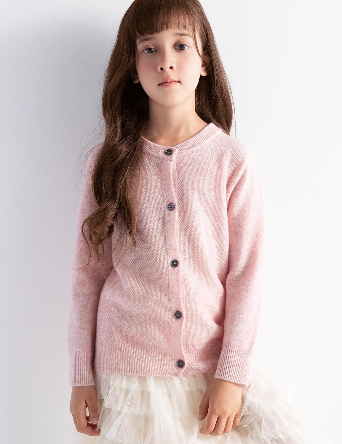 Girls' 100% Merino Wool Seamless Crewneck Cardigan