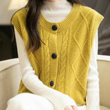 Chanyarn Women's 100% Merino Wool Sweater Vest 2025 Fall Winter Crew Neck Button Down Sleeveless Cable Knitted Sweater