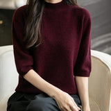 Women's 100% Merino Wool Spring Fall Winter First-Line Ready to Wear Seamless Knit Short Sleeve Mock Neck Sweater