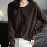 Women's Merino Wool Cardigan Crew Neck Fall Winter Long Sleeve First-Line Ready to Wear Seamless Knit Cardigan